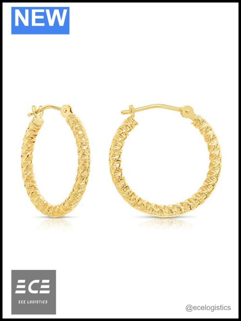 14K Yellow Gold Spiral Textured Round Hoop Earrings 2mm Thickness
